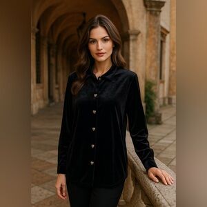 Blair Vintage Black Velvet‎ Button Up Top Large Heart Button Up Long Sleeve 90s
